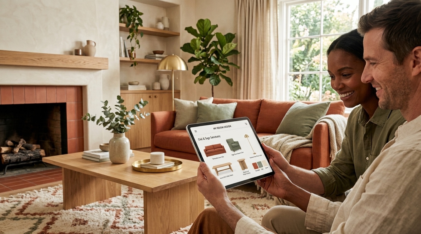 An AI suggesting a coordinated furniture set and color palette for a warm living room
