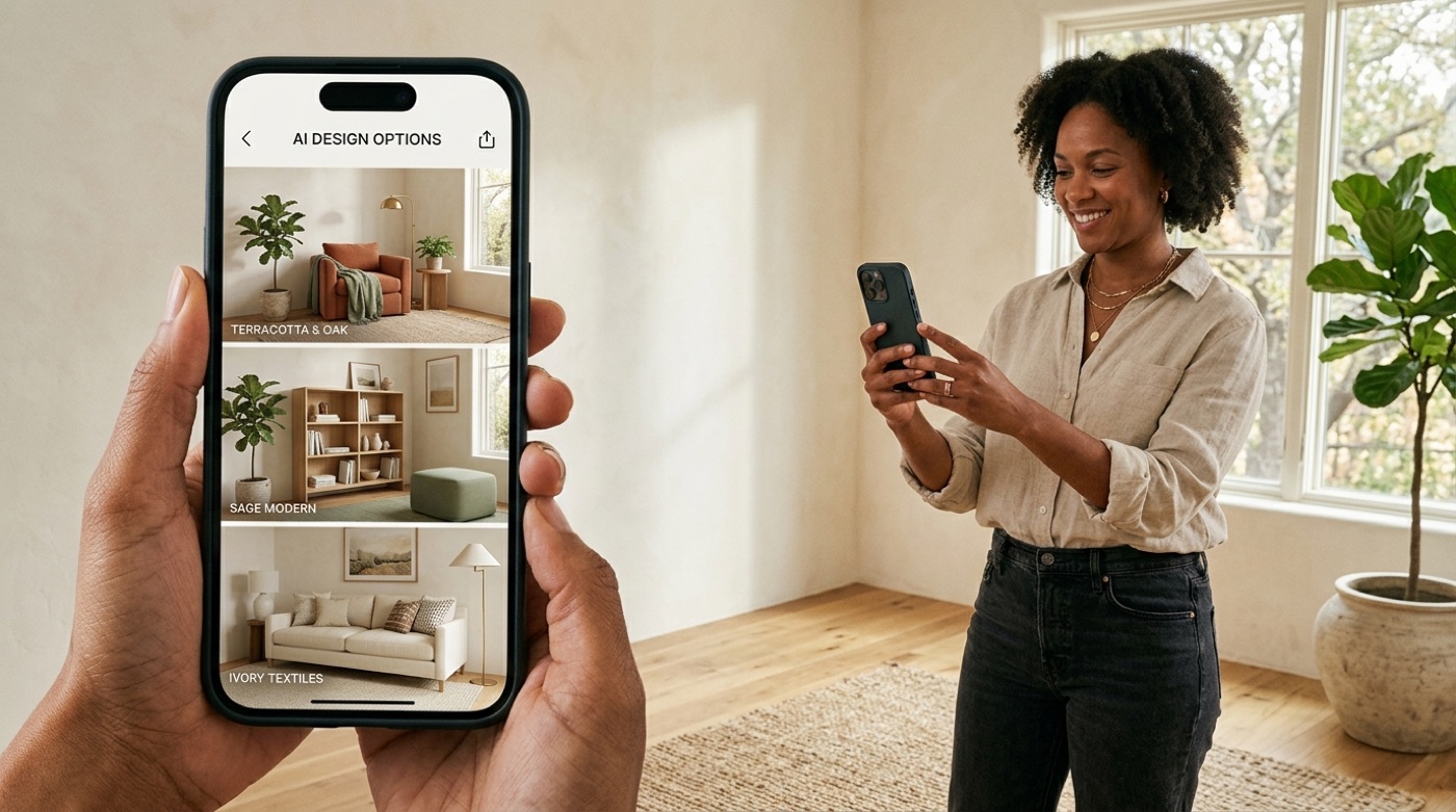 A phone pointed at an empty room showing several AI-generated design variations of that room in different cozy styles