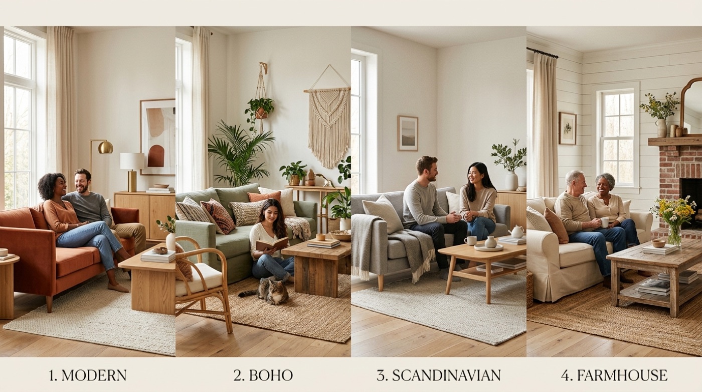 The same living room reimagined in four interior styles — modern, boho, scandinavian, and farmhouse
