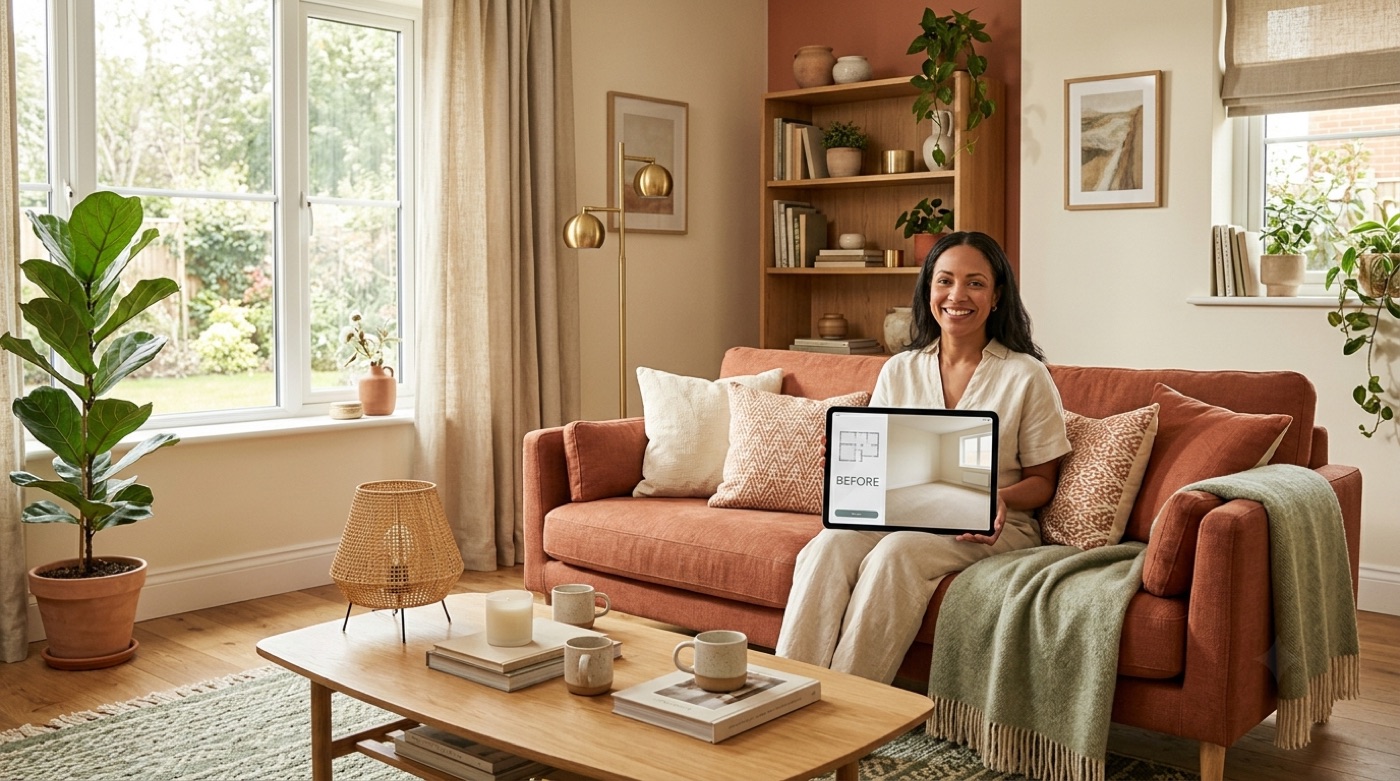 A living room being redesigned with an AI interior design assistant, shown as a warm before-and-after through a tablet