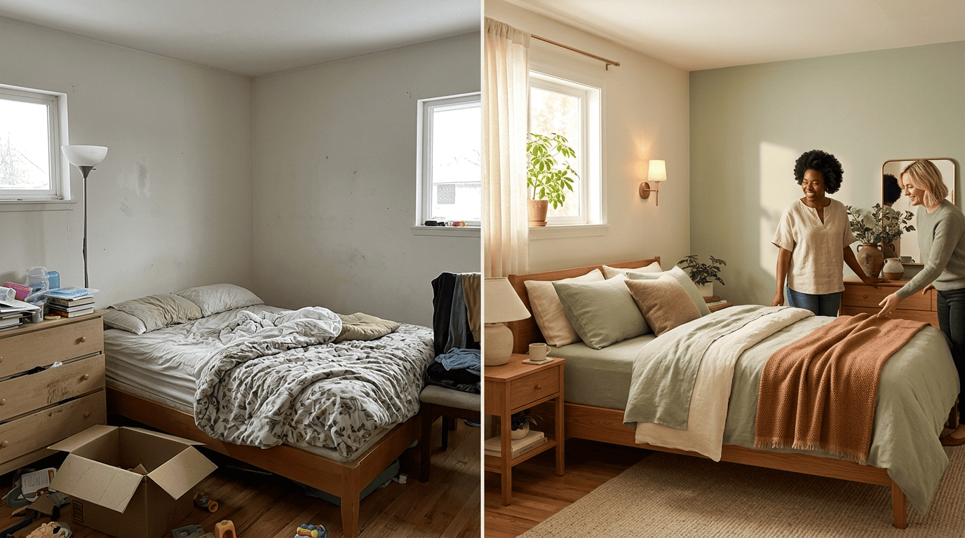 Side-by-side before and after of a bedroom redesigned with AI, from a cluttered room to a warm, restful sage-and-oak space