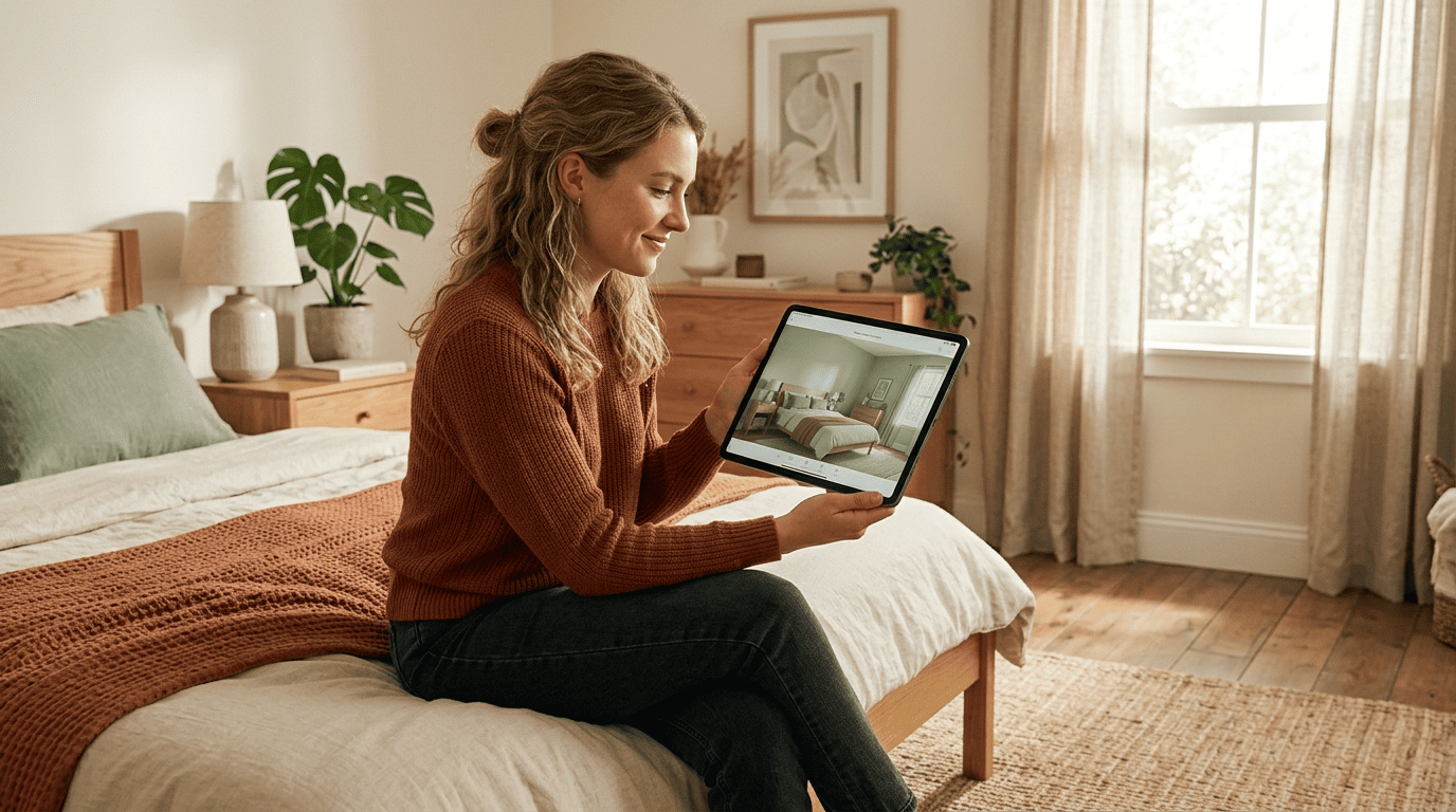 Homeowner in her bedroom holding a tablet that shows an AI-generated render of the room in a calmer style