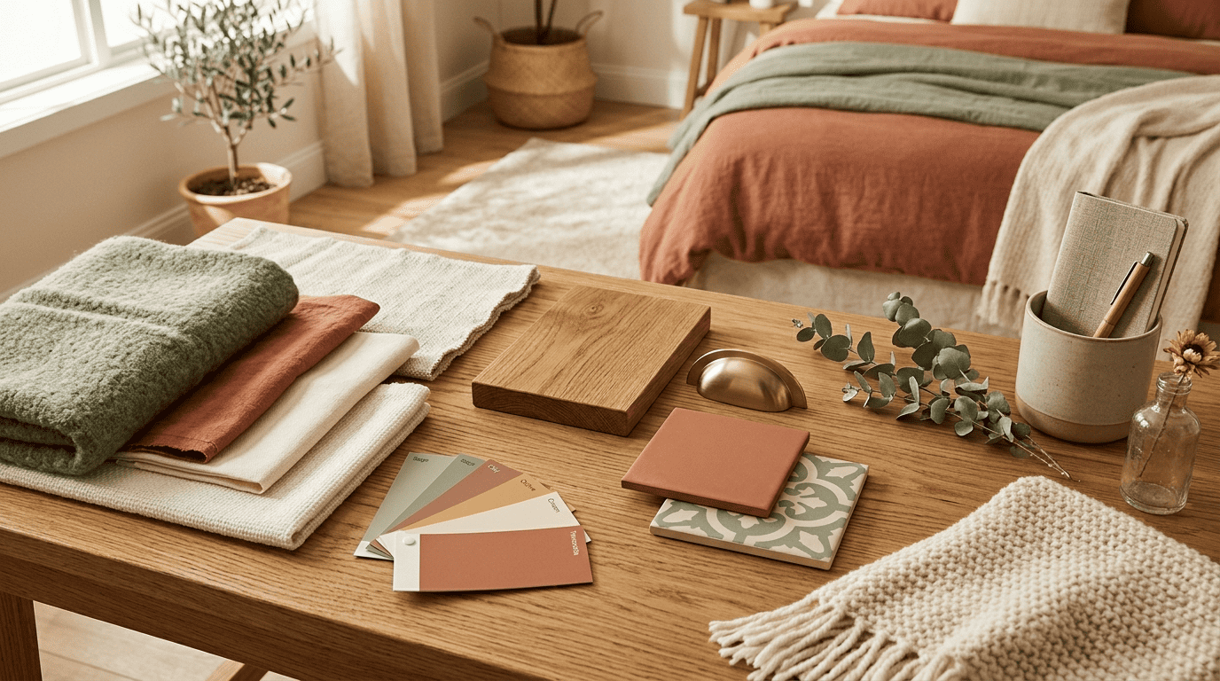 A warm bedroom moodboard with sage, terracotta, and oak fabric swatches, paint chips, and natural material samples