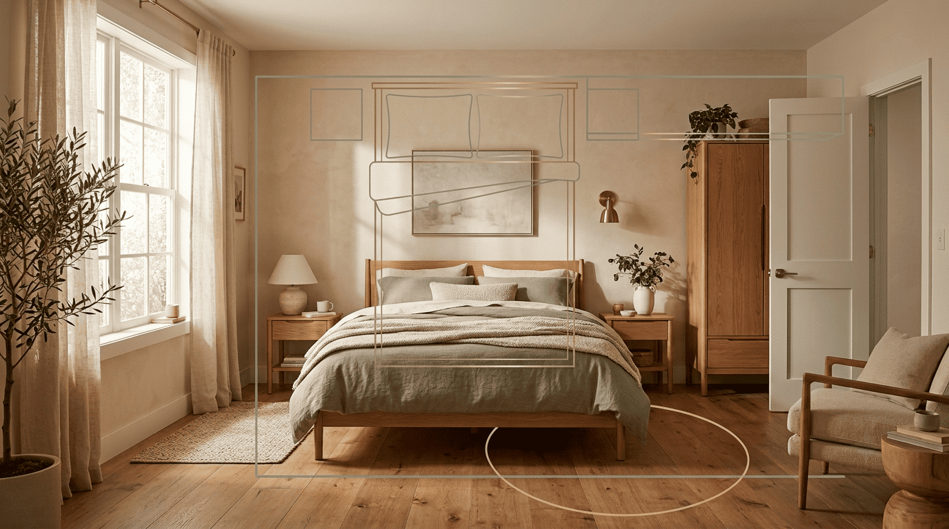 A styled bedroom with a subtle furniture-layout overlay marking bed, nightstand, and wardrobe placement