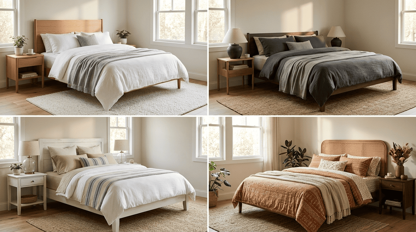 The same bedroom shown in four AI interior design styles: Scandinavian, Japandi, coastal, and boho