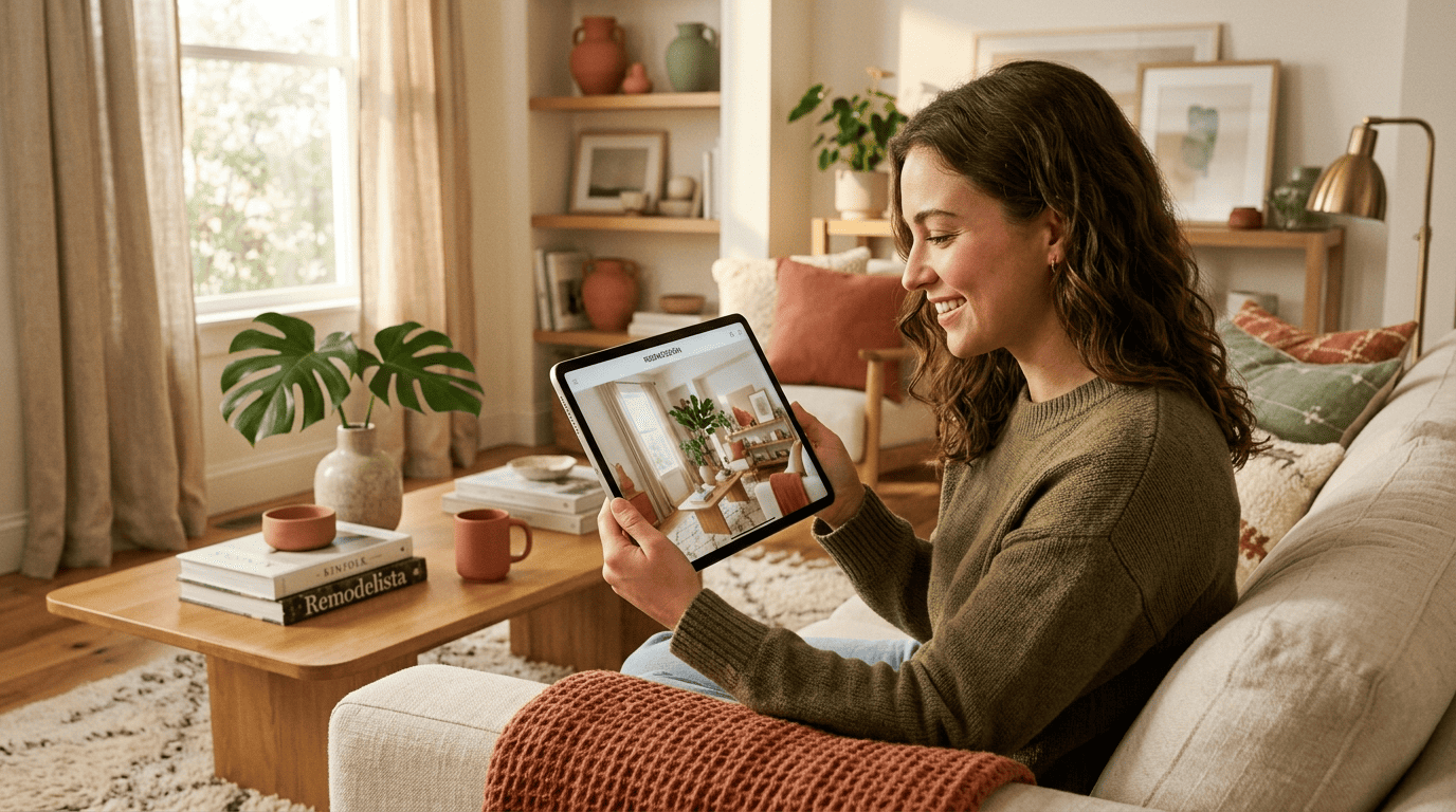 A homeowner on her sofa trying an AI interior design app for free on a tablet, redesigning her own living room