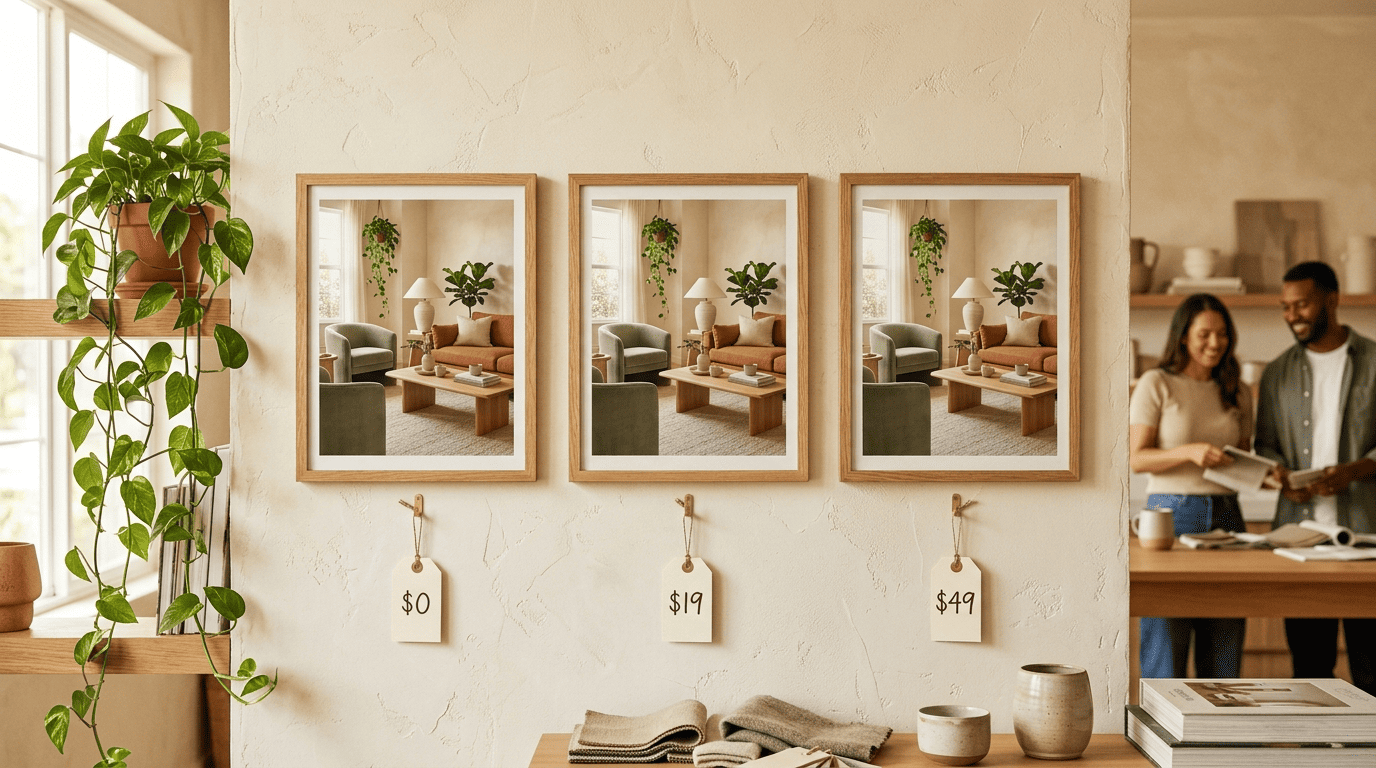 Three framed room designs on a wall with price tags of $0, $19 and $49 showing AI interior design plan tiers