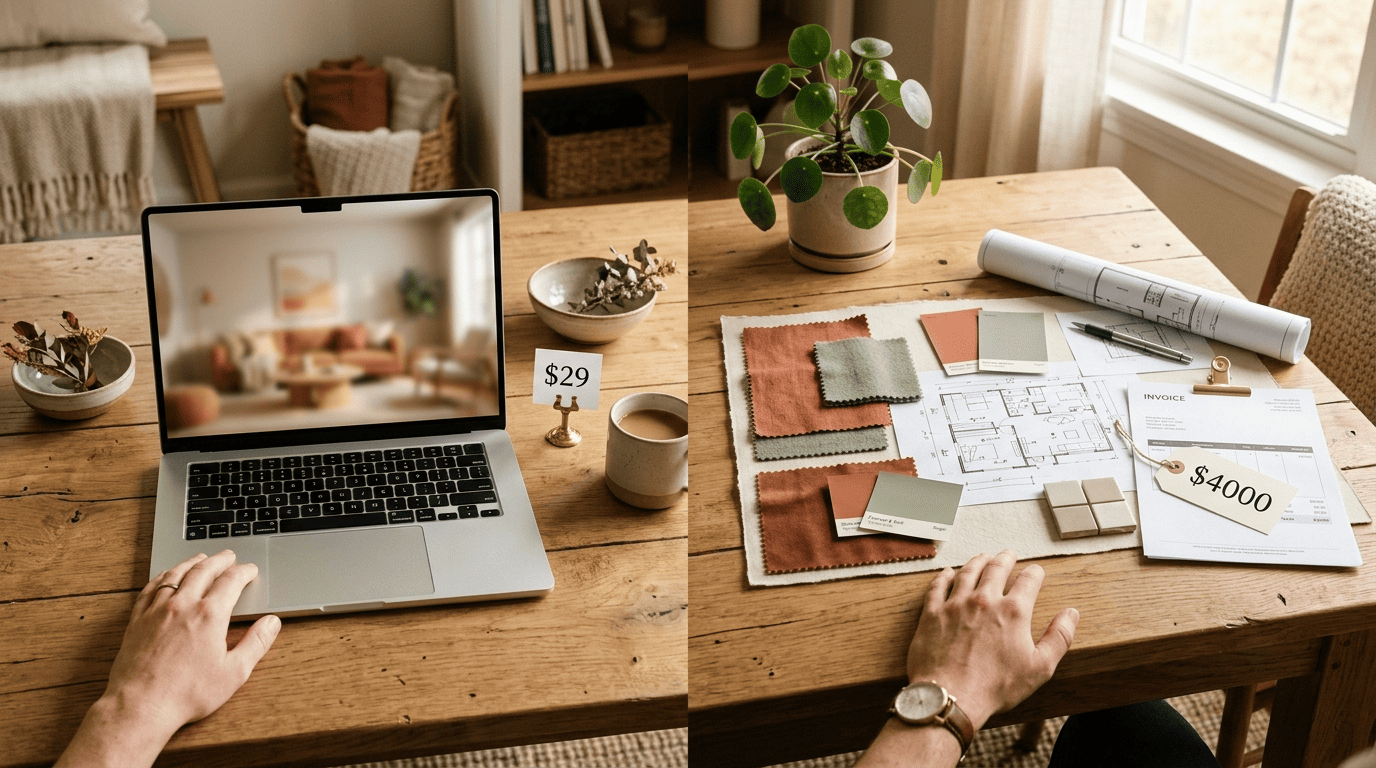 Split comparison: a laptop AI room render tagged $29 versus a professional designer's mood board and invoice tagged $4000