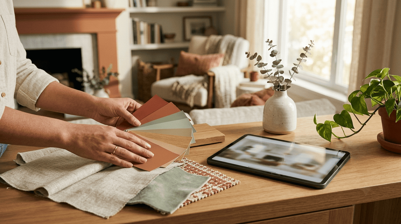A designer's hands fanning terracotta and sage paint swatches on a styled table beside a tablet showing a room render