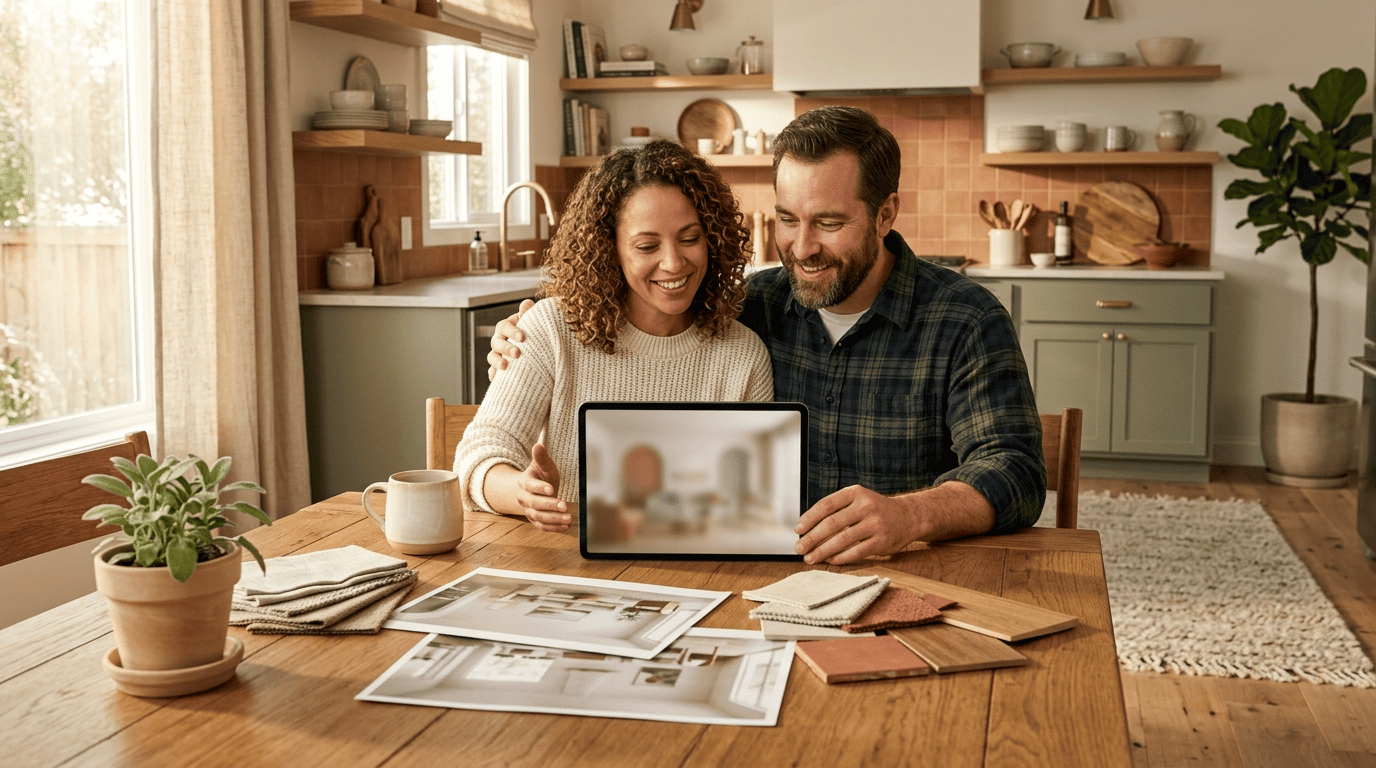 A couple at their kitchen table reviewing printed room renders and a tablet, deciding whether to upgrade their AI design plan