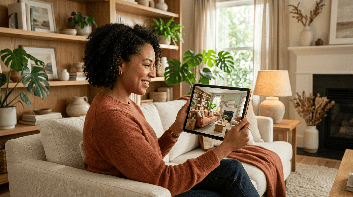 A homeowner previews an AI redesign of her living room on a tablet