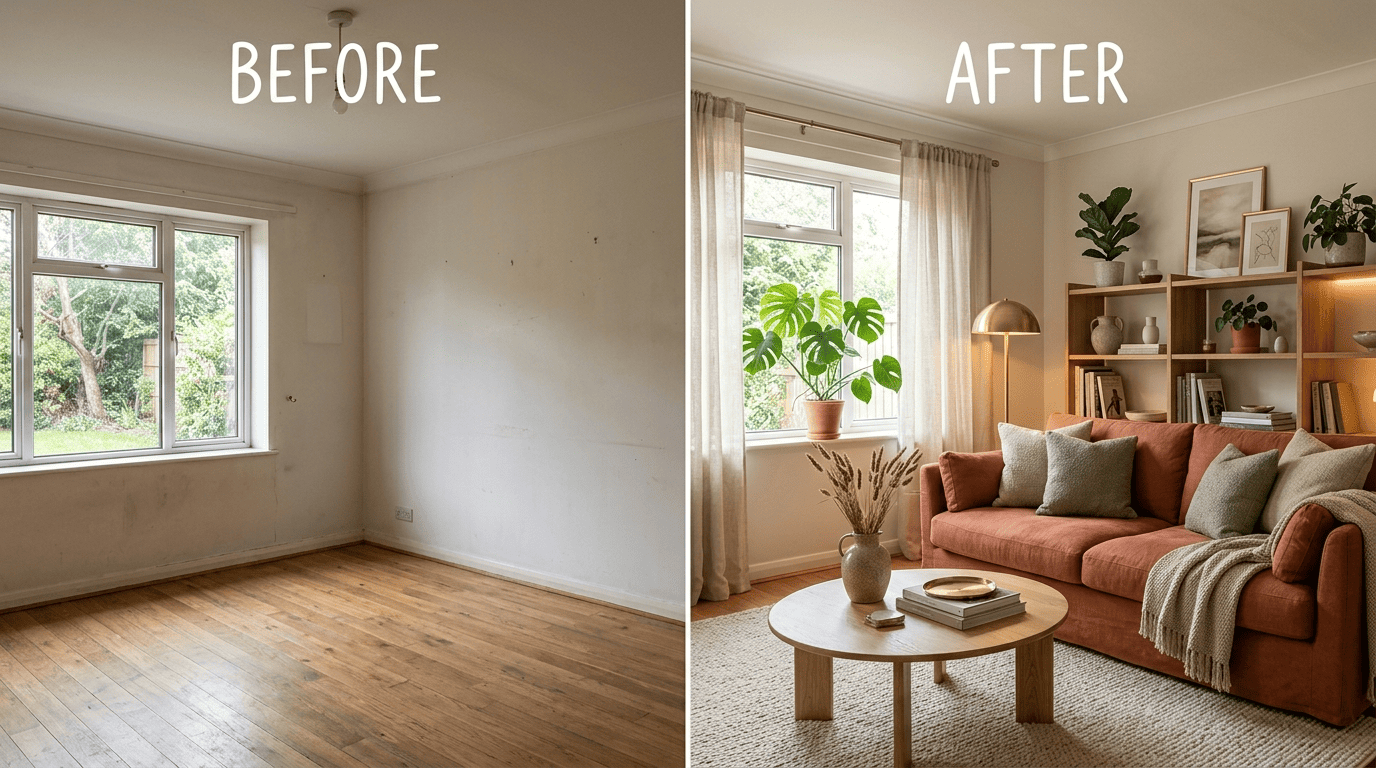 Before-and-after split of a plain room transformed into a warm styled living room by AI