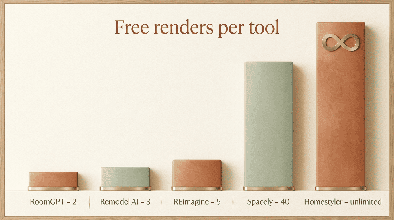 Bar chart comparing the number of free renders offered by RoomGPT, Remodel AI, REimagine, Spacely and Homestyler