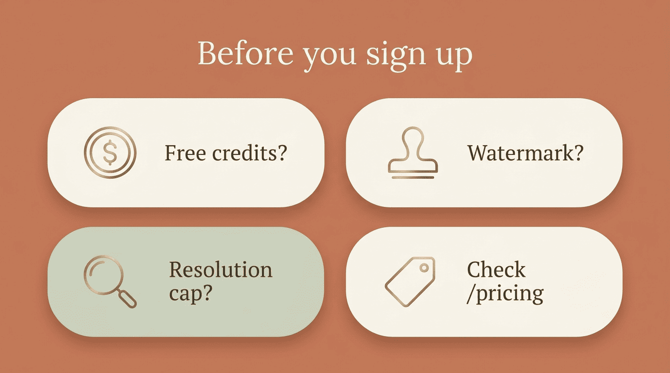 Checklist of four things to verify before signing up for a free AI interior design tool