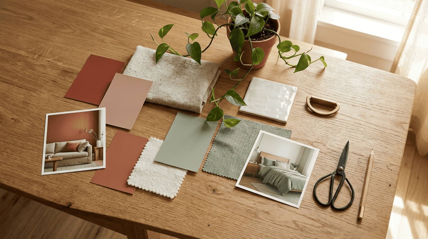 Interior design moodboard flat-lay with terracotta and sage swatches and fabric samples on an oak table