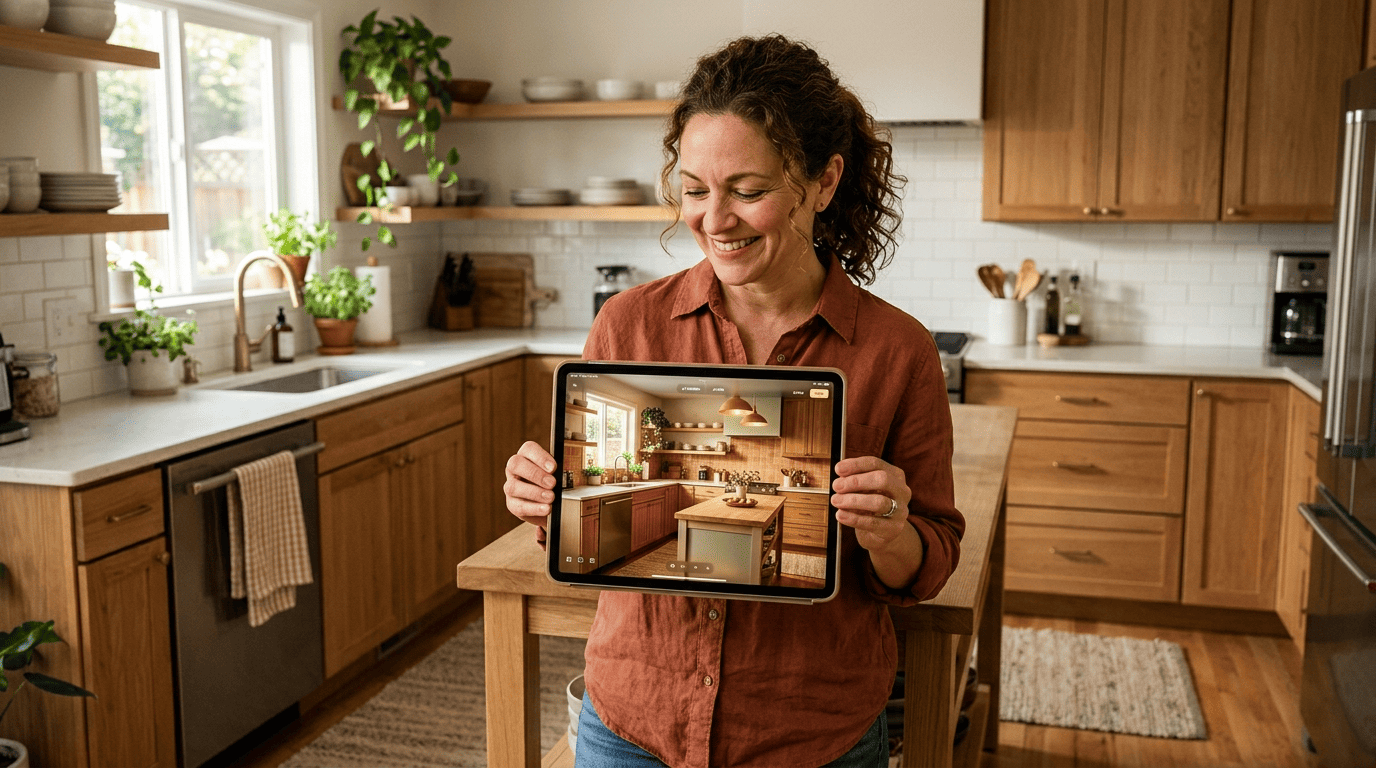 Homeowner in her kitchen holding a tablet that shows an AI-redesigned version of the same room