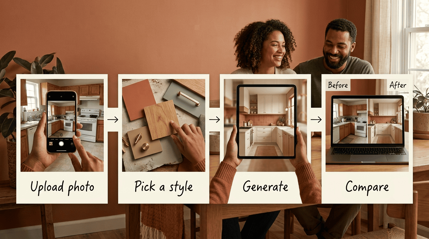 Four-step diagram: upload a kitchen photo, pick a style, generate, then compare before and after