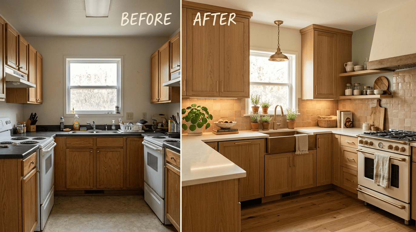 Before and after split-screen of the same kitchen, dated on the left and warmly redesigned on the right
