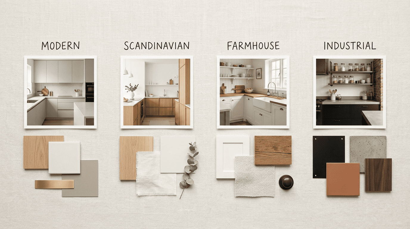 Moodboard of four kitchen styles — Modern, Scandinavian, Farmhouse, Industrial — with material and color swatches
