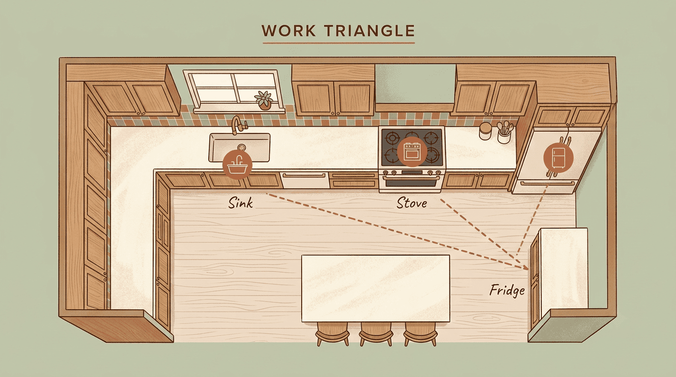 Top-down kitchen floor plan showing the work triangle connecting sink, stove, and refrigerator