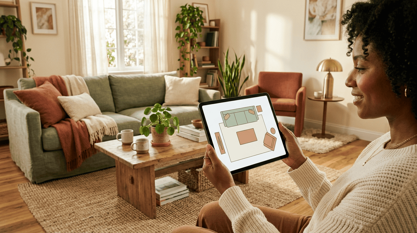 A homeowner holding a tablet that shows a top-down AI furniture layout plan overlaid on her real living room
