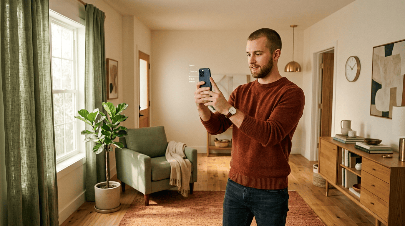 A man scanning his living room with a phone as the AI detects walls, doors and windows to build a 3D model
