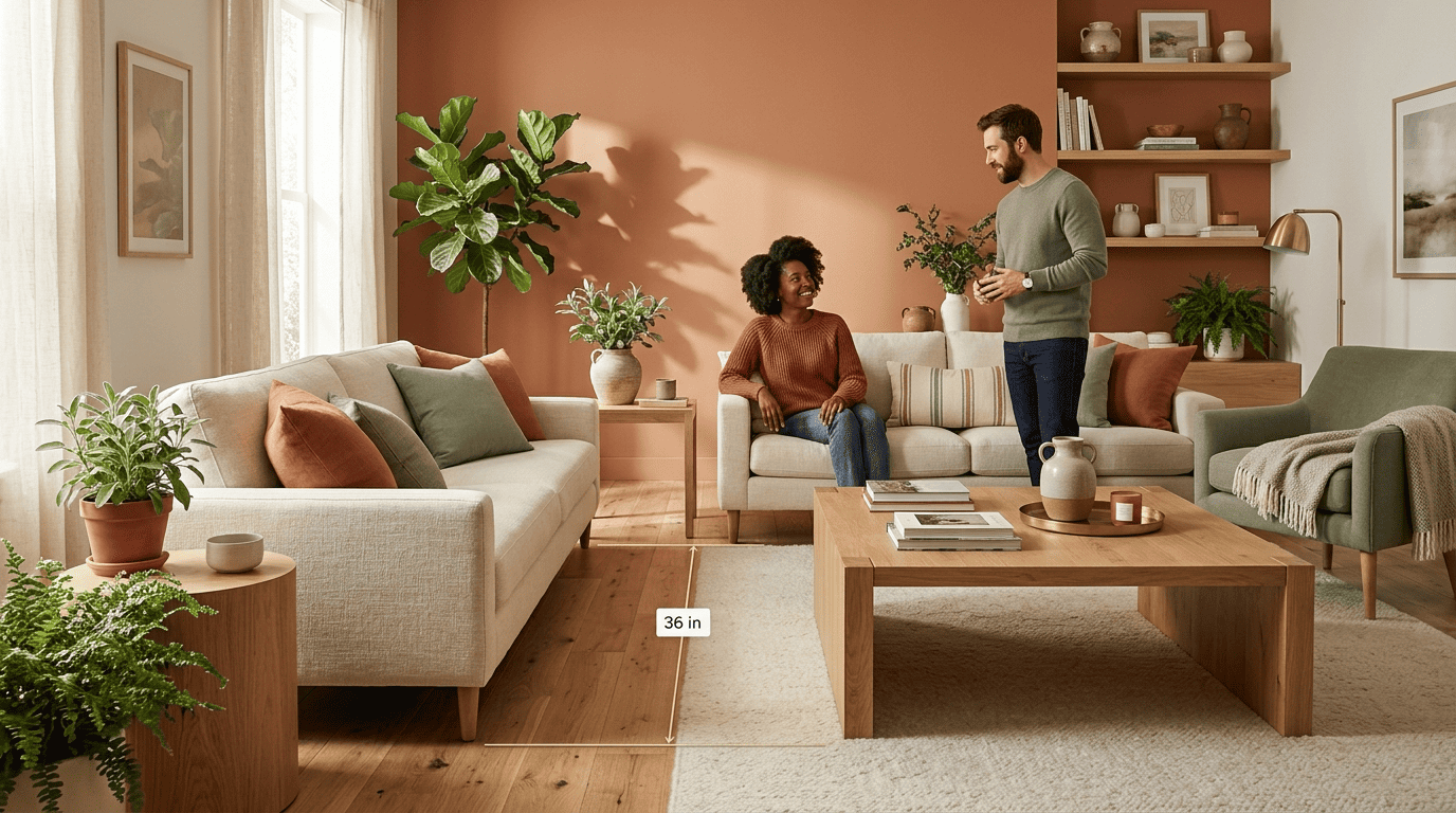 A styled living room with a dimension line marking the 36-inch minimum clearance of the main walkway between sofa and coffee table