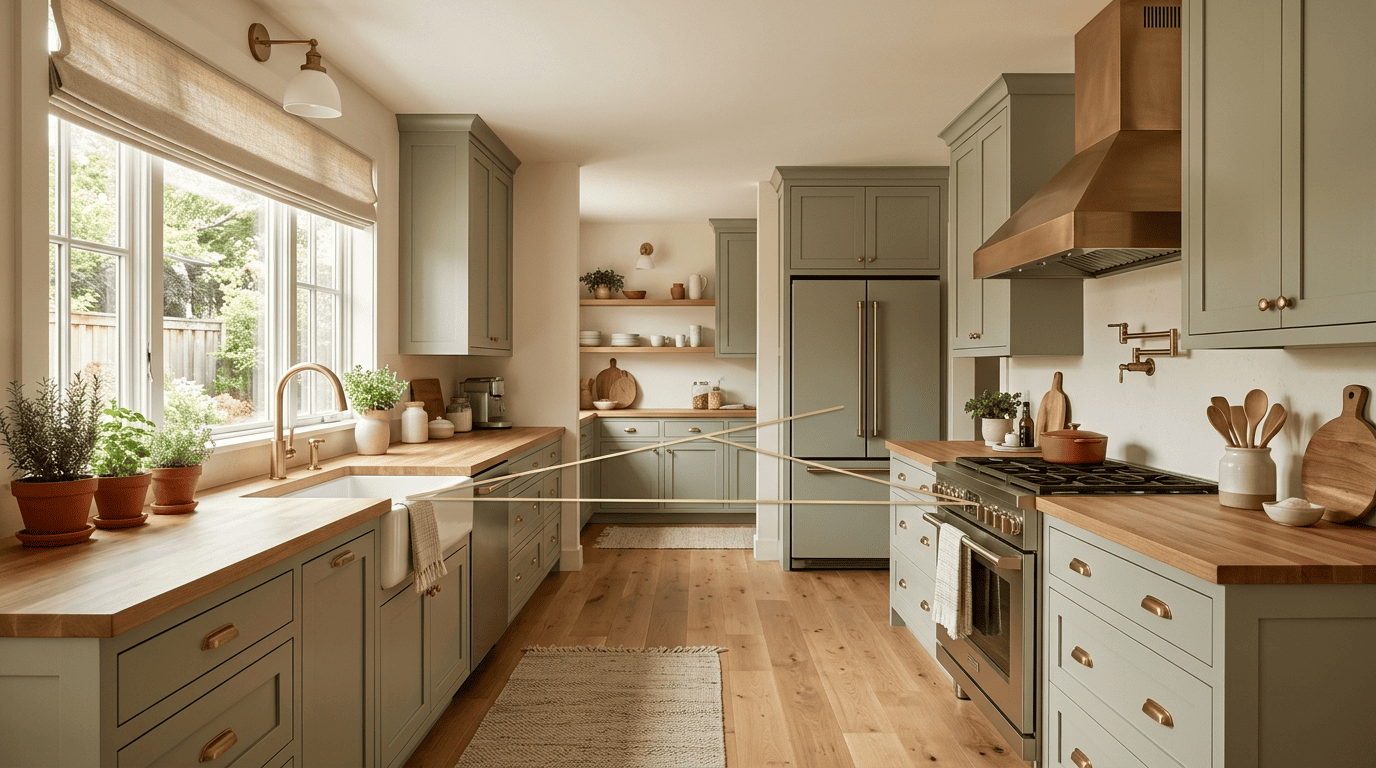 A warm sage-green kitchen with brass lines connecting the sink, stove and refrigerator to form the NKBA work triangle