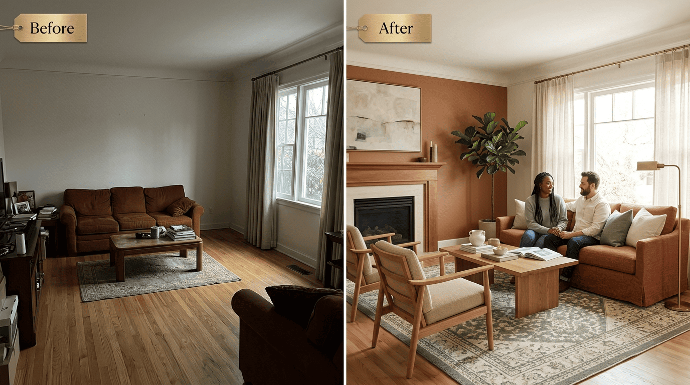 Before-and-after of the same living room: a cramped blocked layout versus an AI-optimized open arrangement