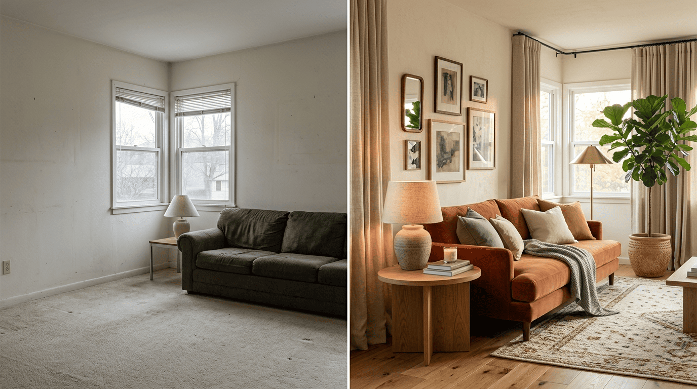 Side-by-side before and after of a living room redesigned with AI, from a bare room to a warm terracotta-and-oak space