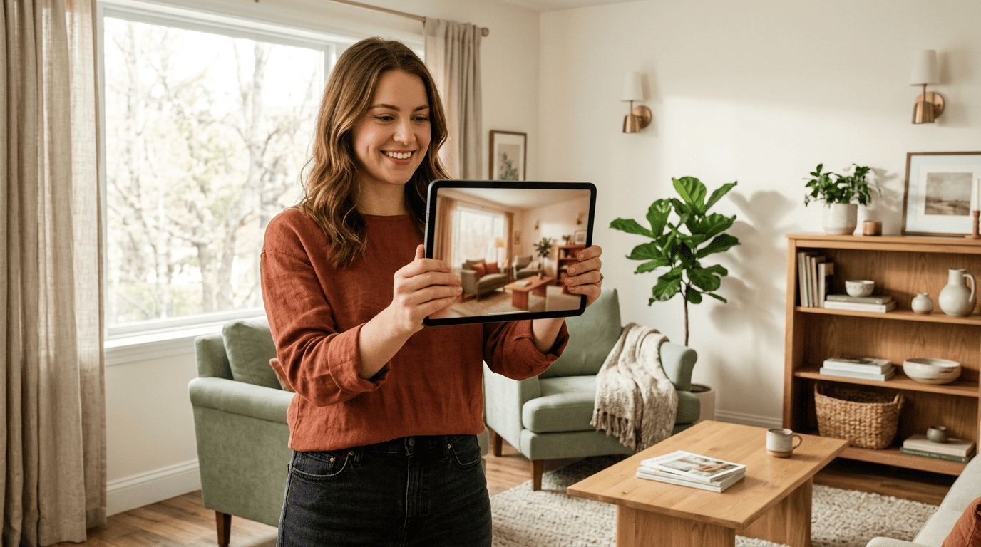 Homeowner holding a tablet showing an AI-generated render of her living room in a warm new style