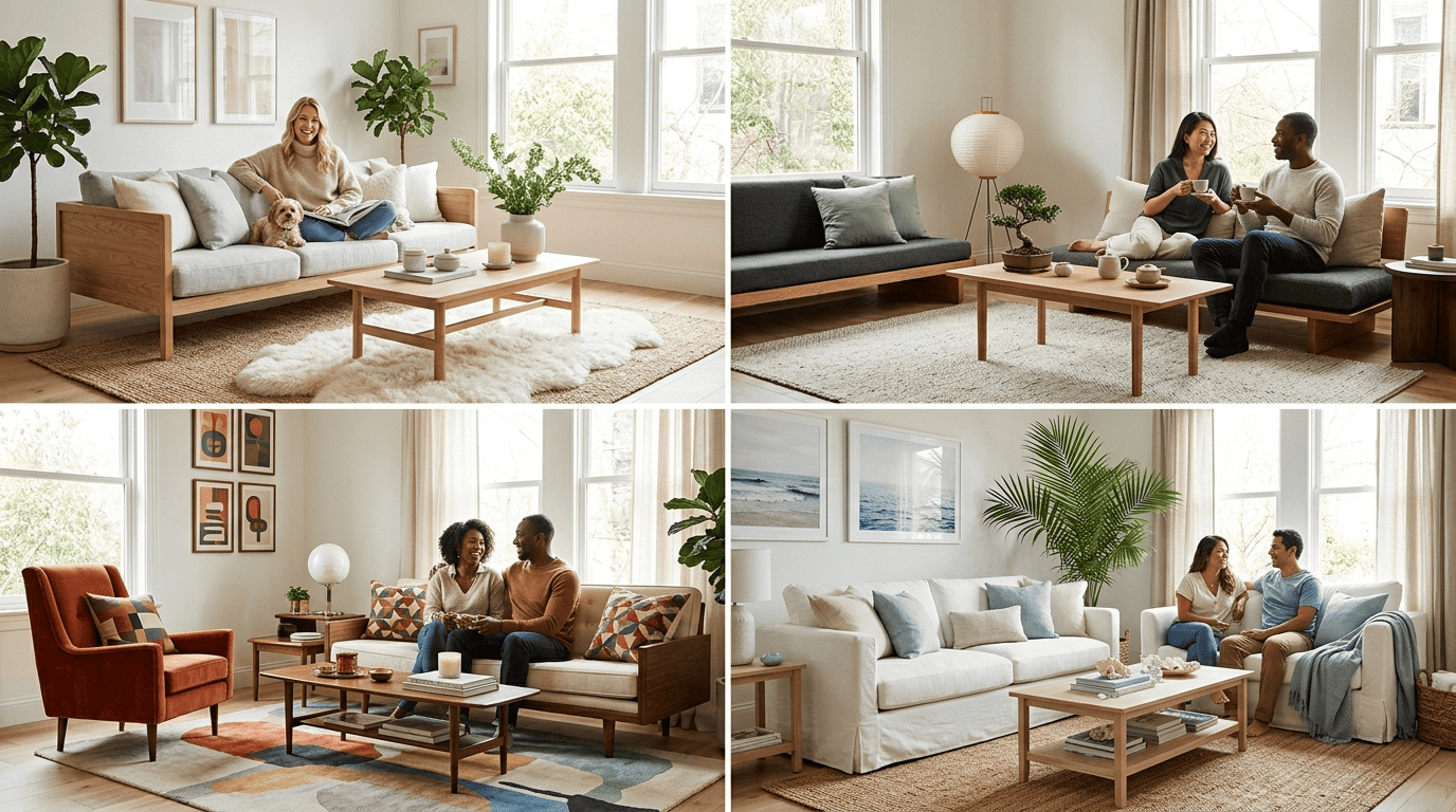 The same living room shown in four AI interior design styles: Scandinavian, Japandi, mid-century modern, and coastal