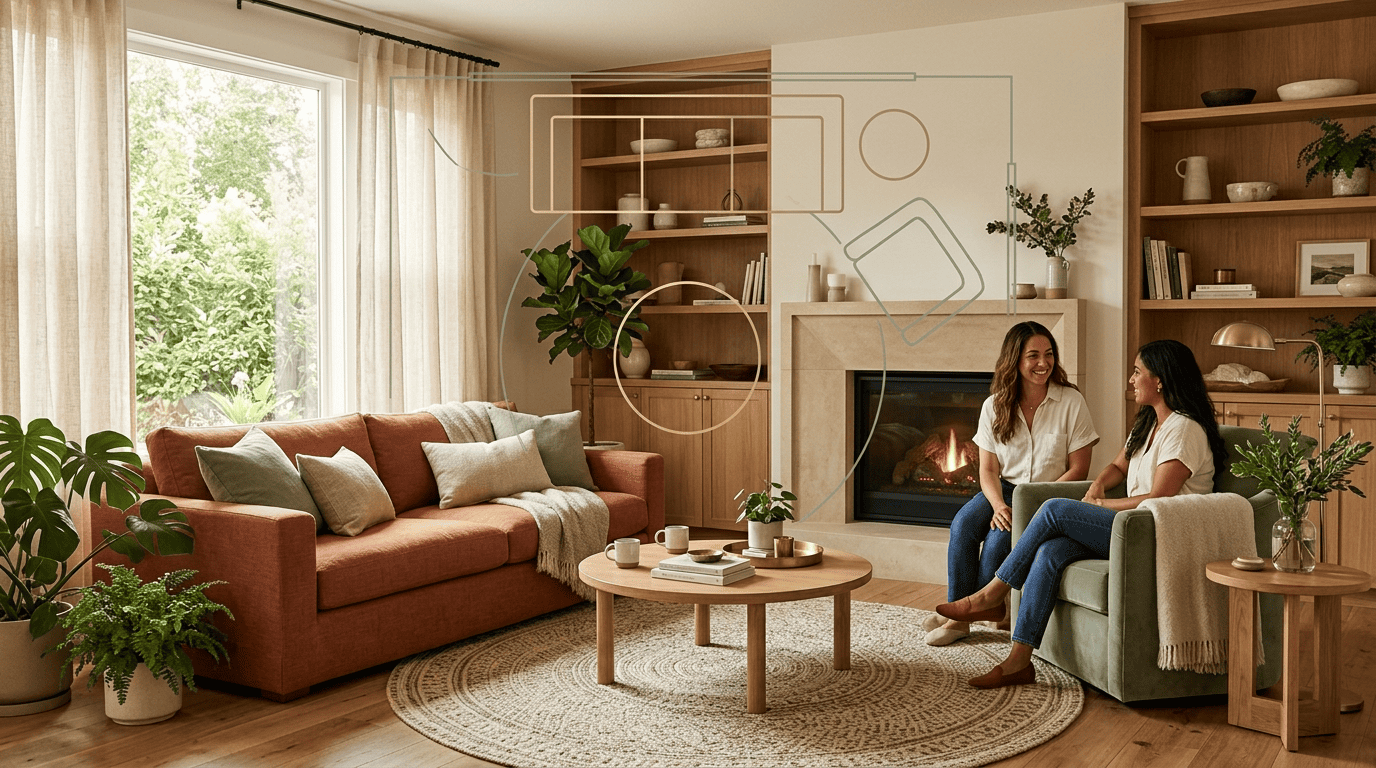 A styled living room with a subtle furniture-layout overlay marking sofa, rug, and coffee-table placement