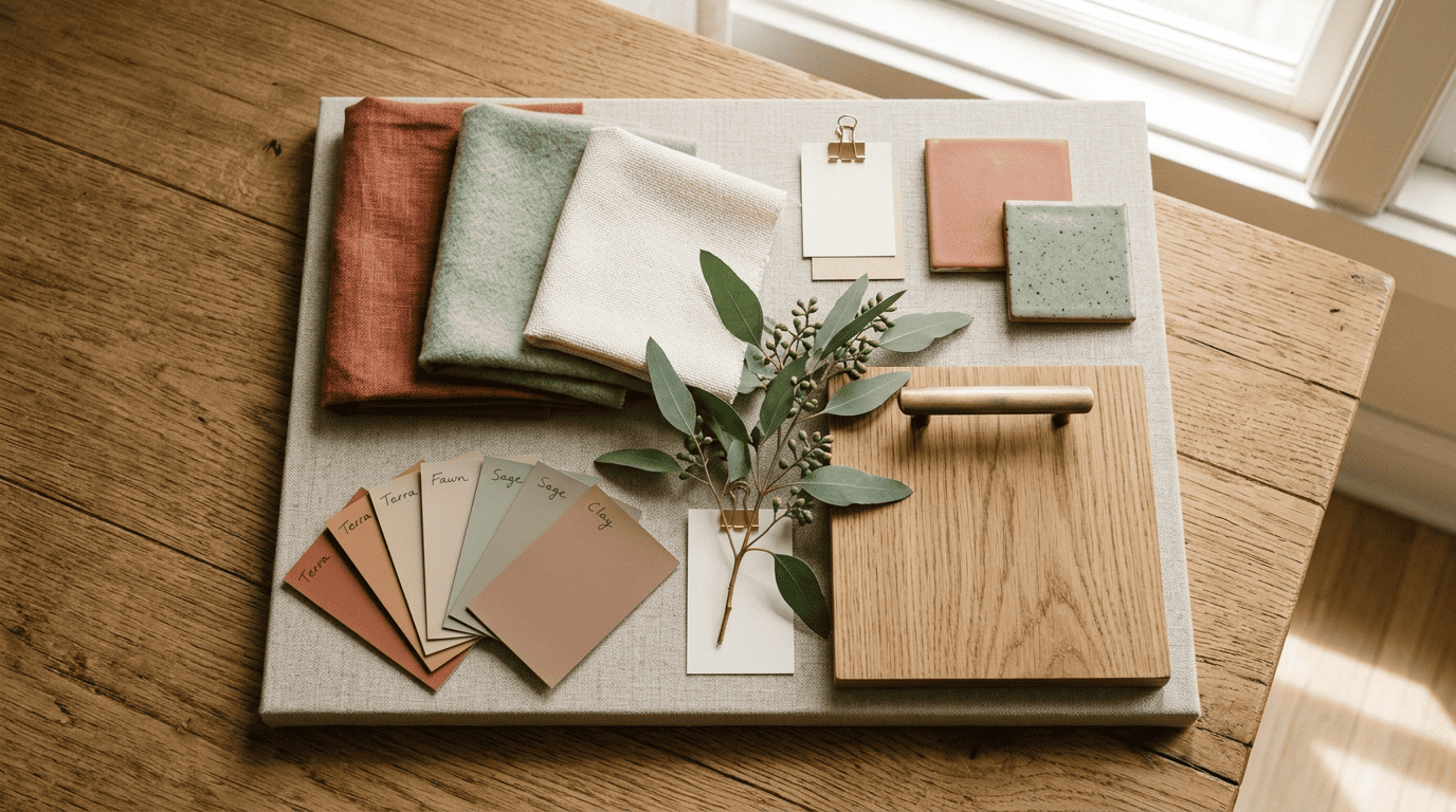 A warm interior moodboard with terracotta, sage, and ivory fabric swatches, paint chips, oak and brass samples
