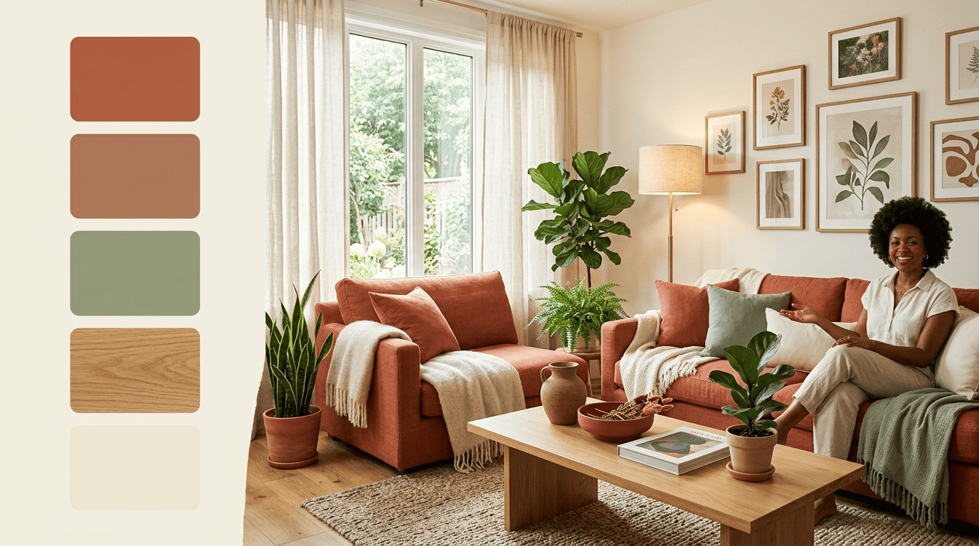 A styled warm living room beside a column of five color swatches the AI extracted from the photo