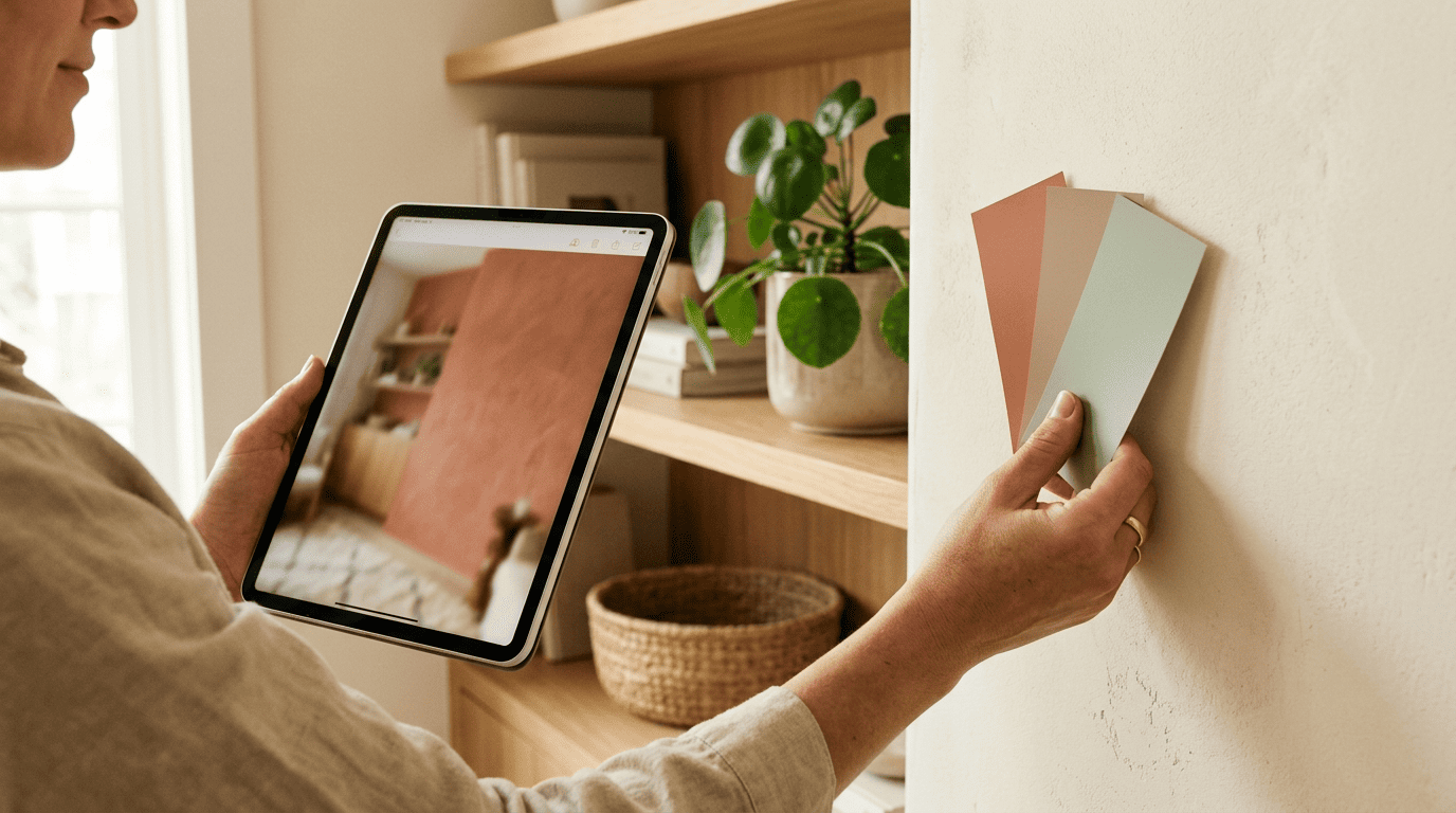 A hand holding paint swatches against a wall while a tablet previews the same wall repainted in terracotta