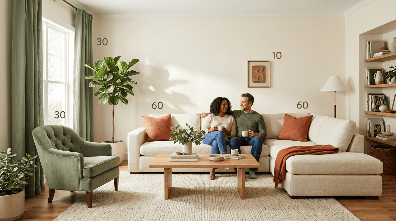A living room labeled to show the 60-30-10 rule: 60% dominant walls and sofa, 30% secondary, 10% accent