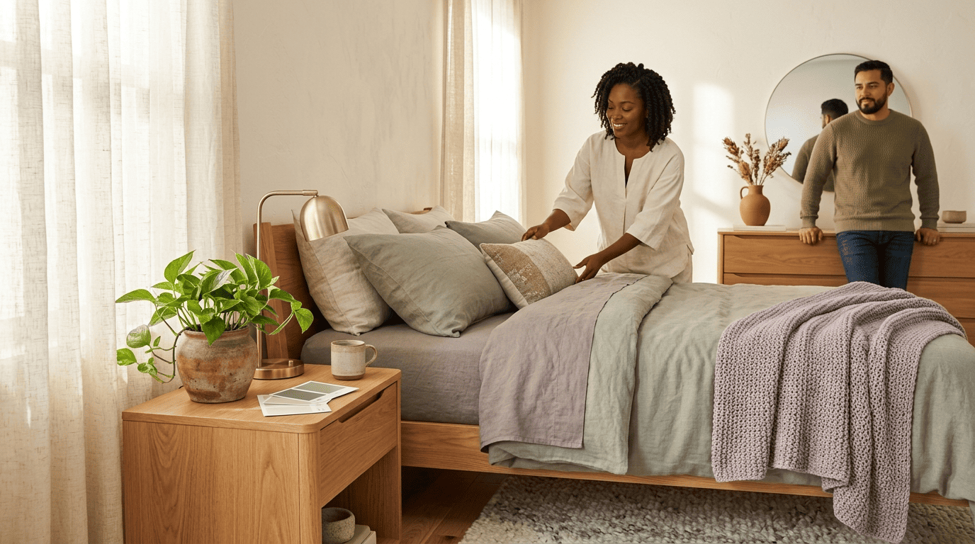 A serene bedroom in soft sage, warm gray and lavender tones with a color swatch card on the nightstand