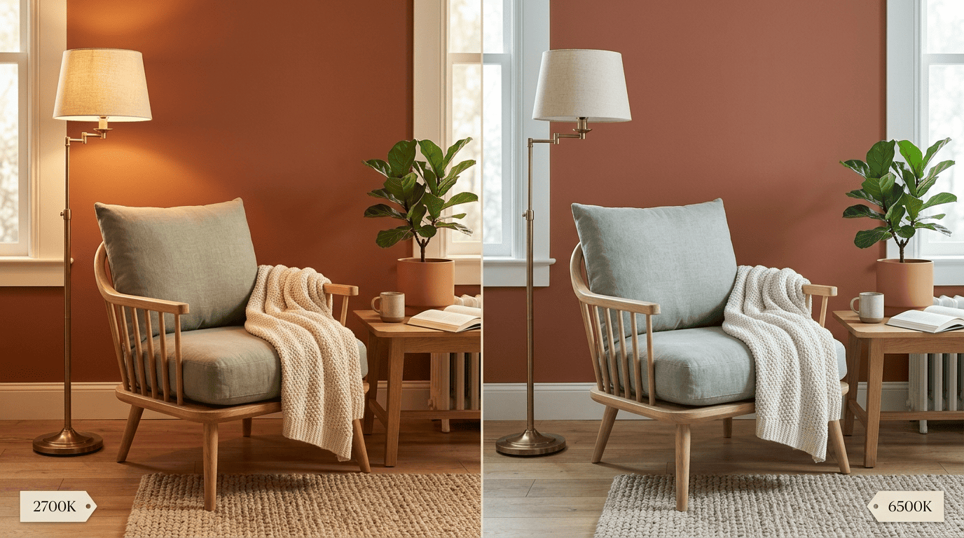 The same reading nook shown under warm 2700K light and cool 6500K daylight, showing how the wall color shifts
