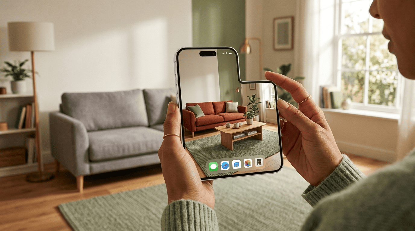 A hand holding a phone that shows the same living room redesigned by AI in warm terracotta and sage tones