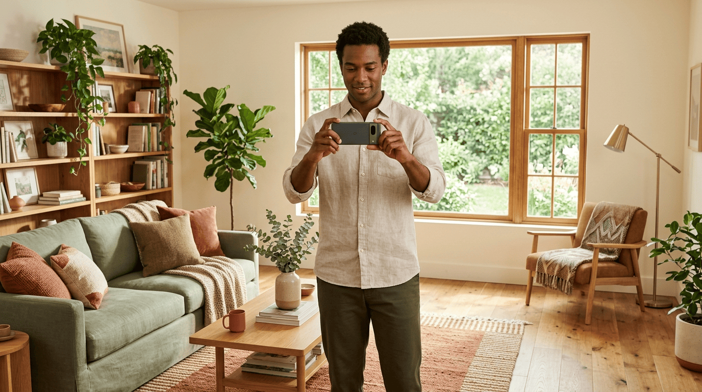 A homeowner photographing his whole living room with a phone in bright natural daylight