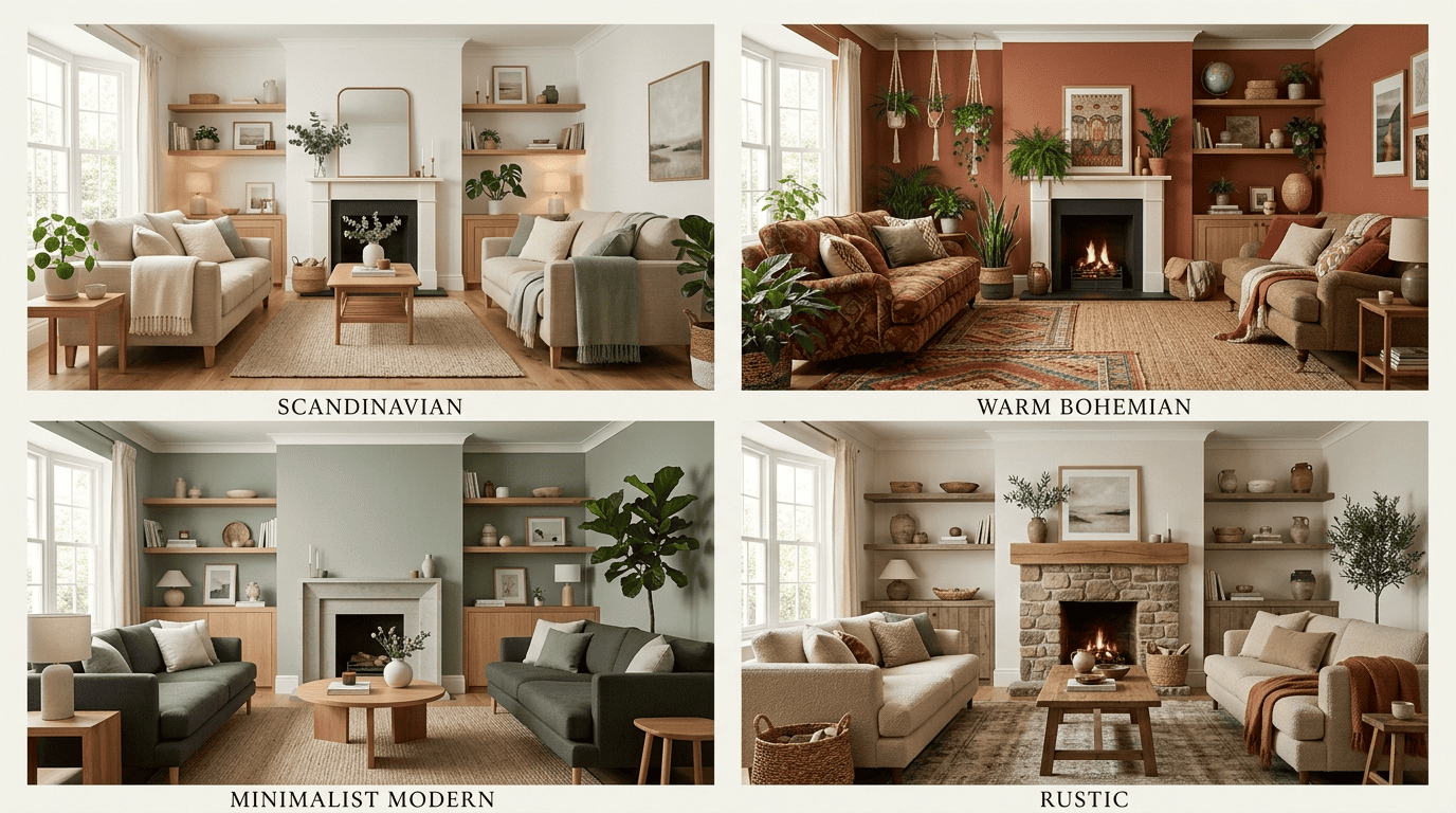 A four-panel moodboard of the same living room shown in Scandinavian, warm bohemian, minimalist modern, and rustic styles