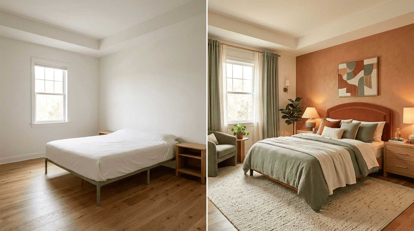 Before-and-after of the same bedroom from one angle: bare original on the left, warmly restyled on the right
