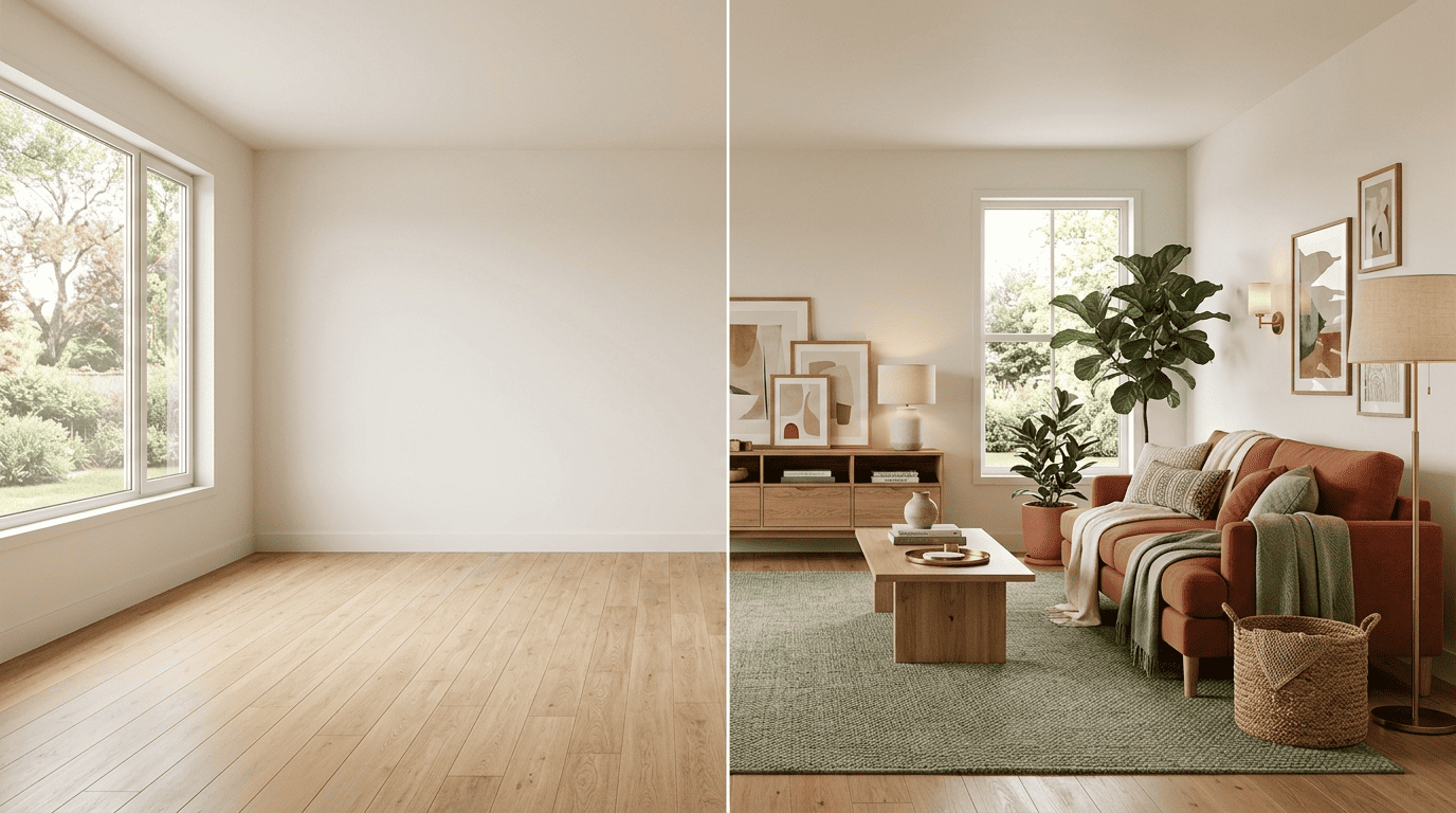 Before-and-after of an empty living room on the left and the same room fully staged with a terracotta sofa on the right