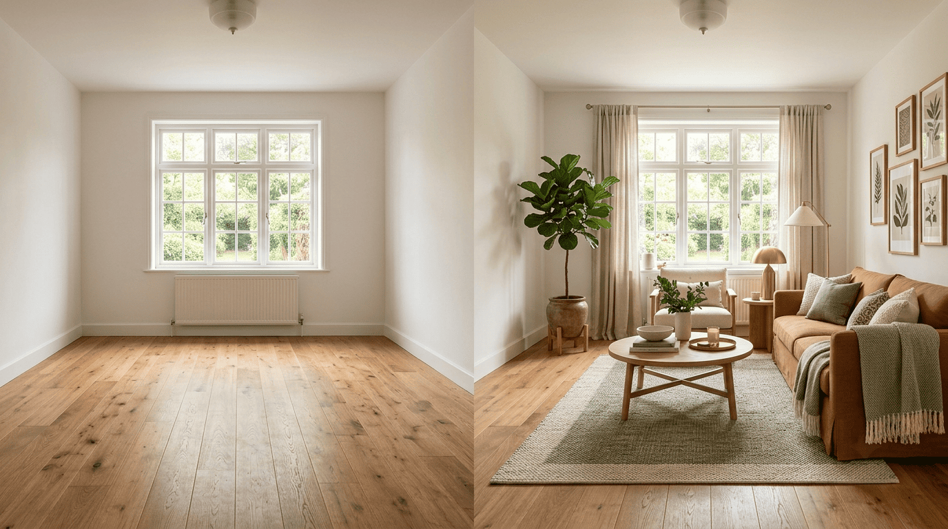 Before-and-after of the same living room: empty and bare on the left, virtually staged with a terracotta sofa and plants on the right