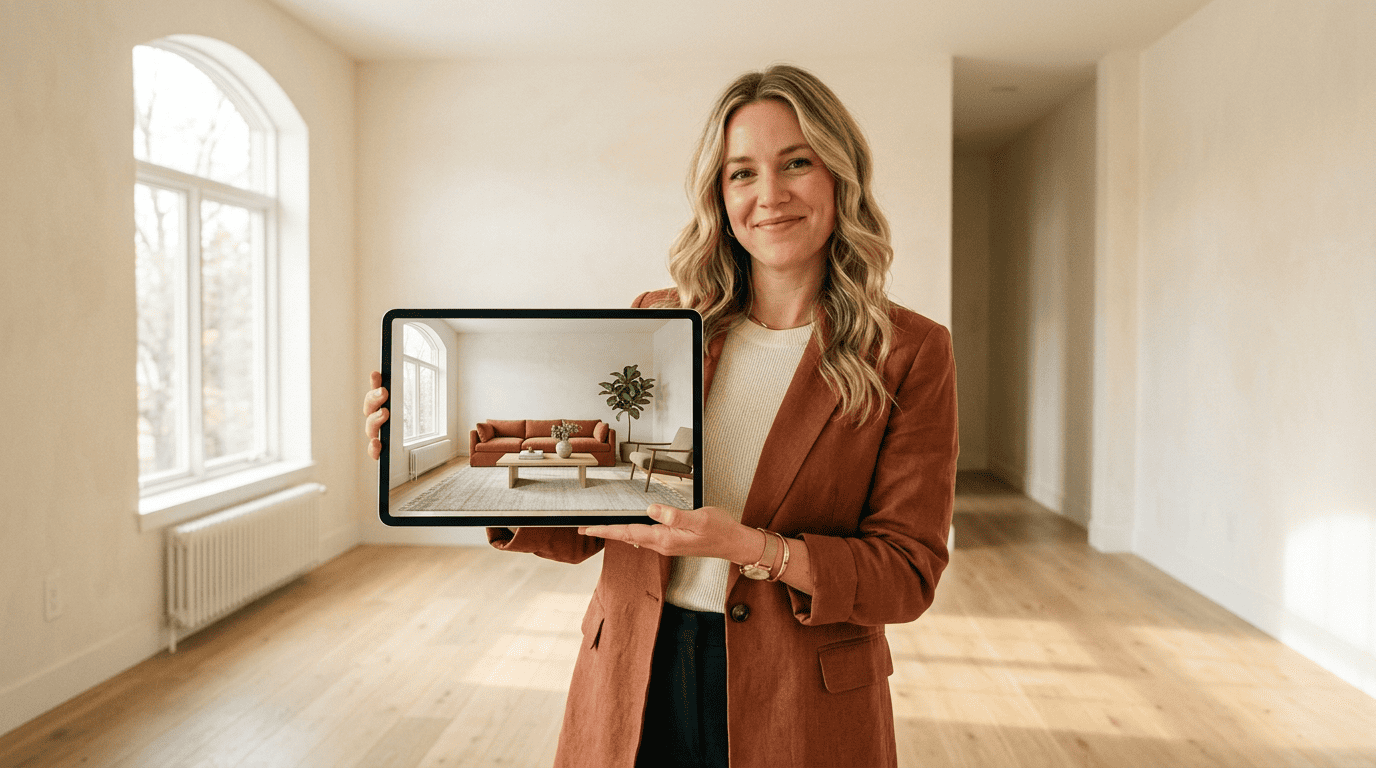 A real estate agent standing in an empty room holds a tablet showing the same room virtually staged with furniture