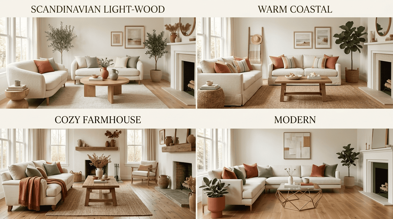 A four-panel moodboard of the same living room staged in Scandinavian, coastal, farmhouse, and modern styles