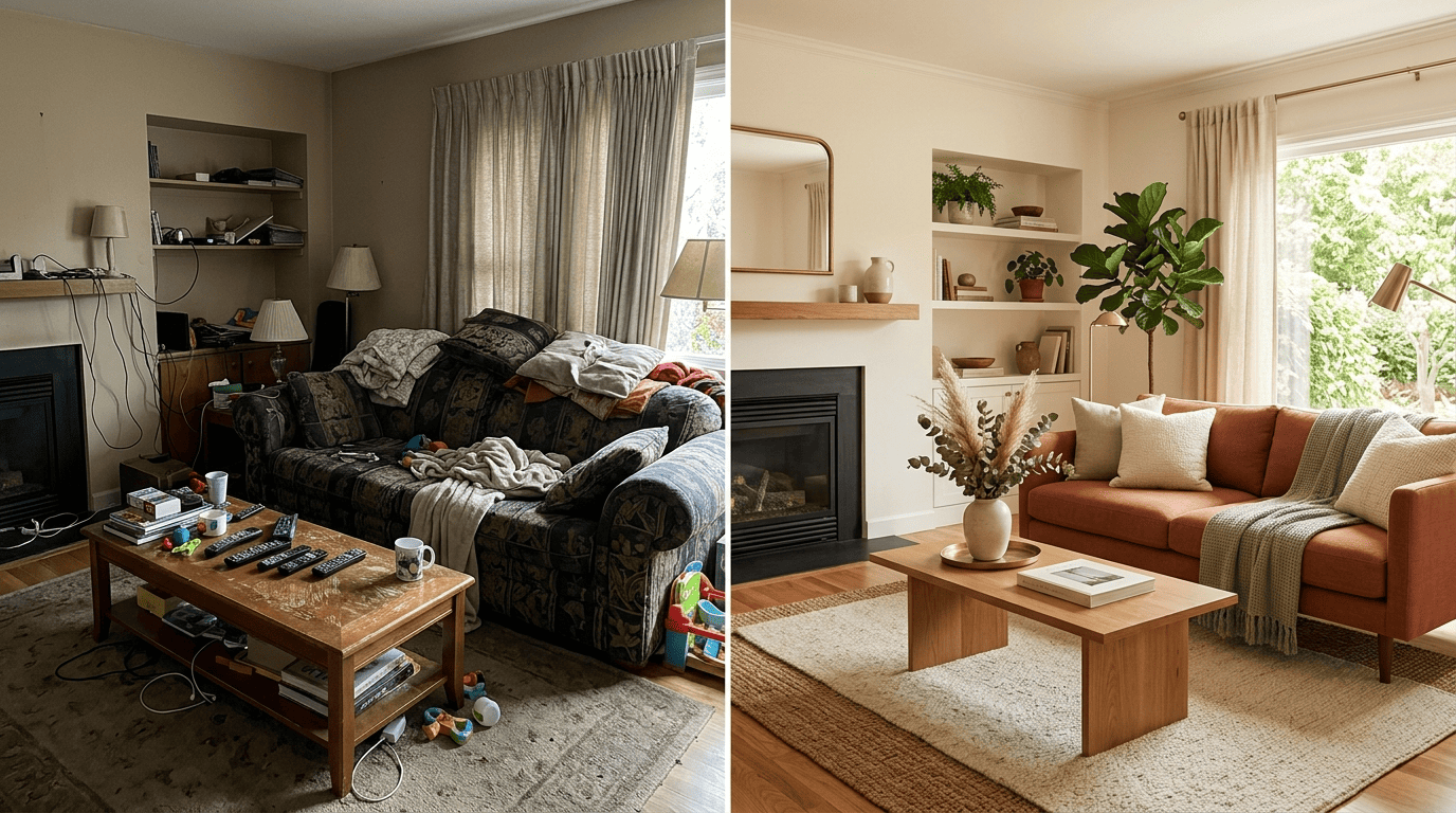 Before-and-after of a cluttered, dated living room on the left and the same room decluttered and restaged on the right