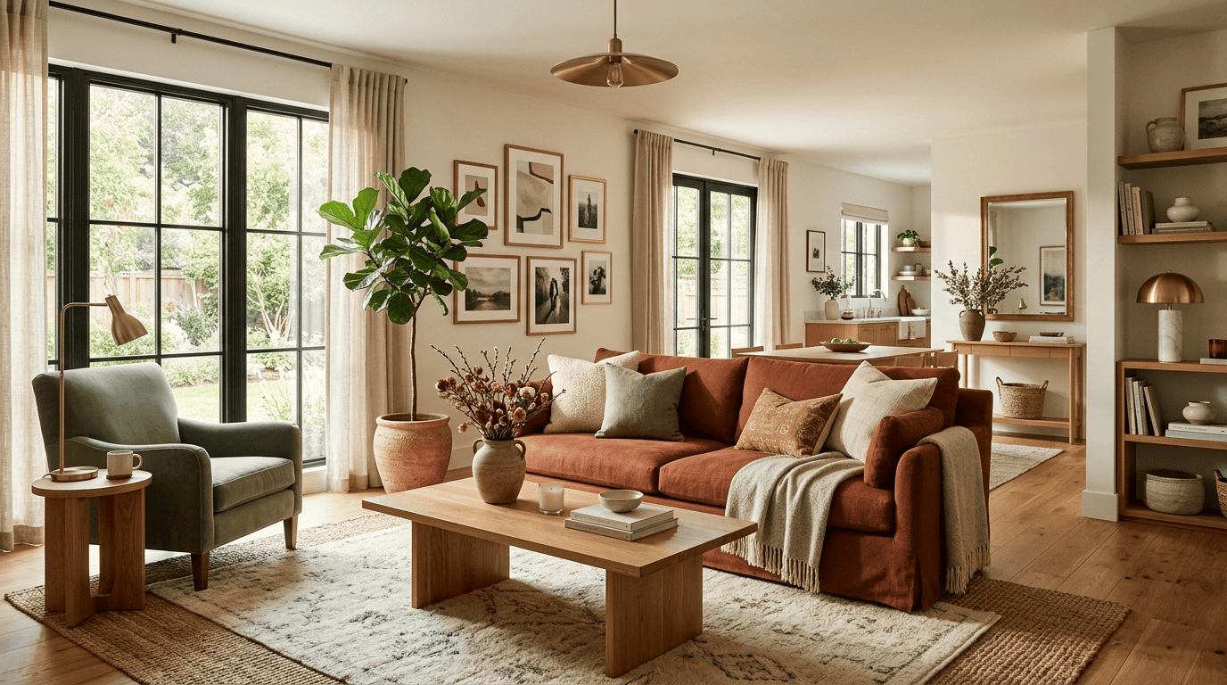A fully staged, listing-ready living room with a terracotta sofa, sage armchair, oak table, plants and warm daylight