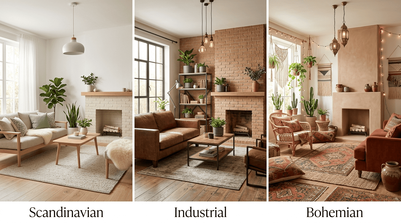 The same living room rendered in Scandinavian, Industrial and Bohemian styles side by side